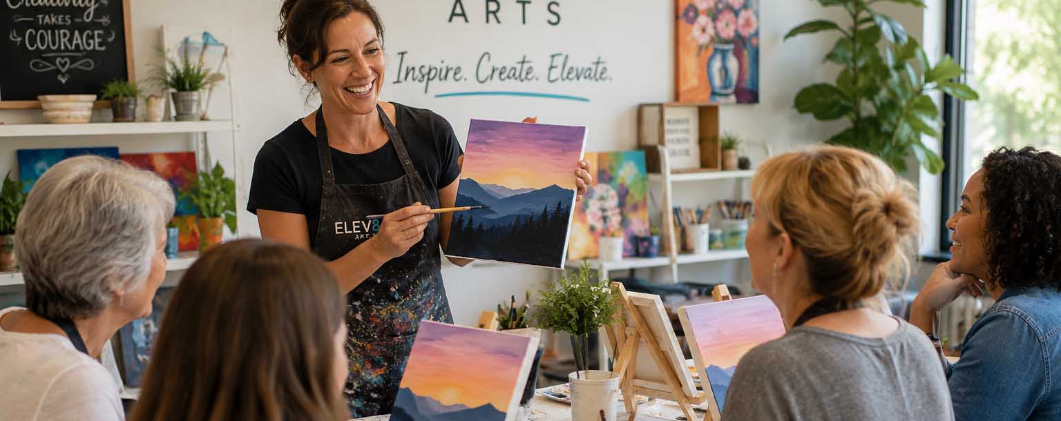 Artist teaching a creative workshop at Elev8 Arts